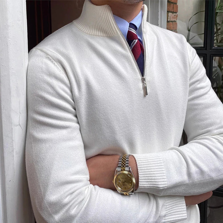 Stylish men's quarter zip mock neck sweater. Ideal for smart casual outfits & cool weather layering.