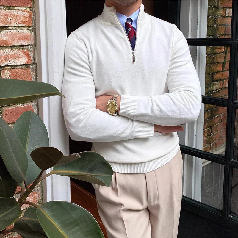 Side view of a men's tailored quarter zip mock neck sweater. Comfortable pullover for casual & winter style.