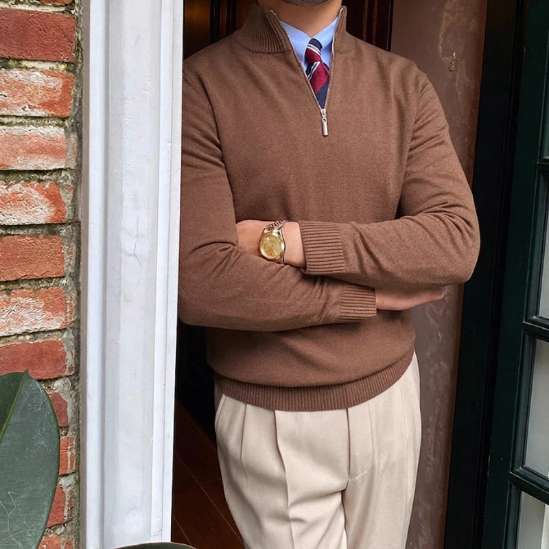 Men's quarter zip sweater with mock neck. A stylish & comfortable pullover, great for casual winter fashion.
