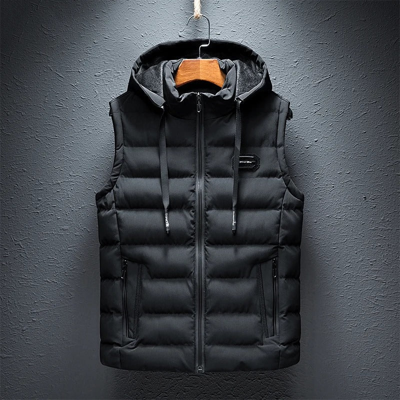 Men's stylish quilted hooded vest for winter layering. Warm and casual outerwear.