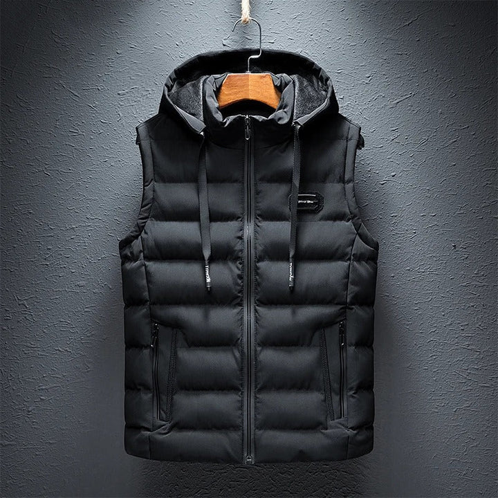 Men's stylish quilted hooded vest for winter layering. Warm and casual outerwear.