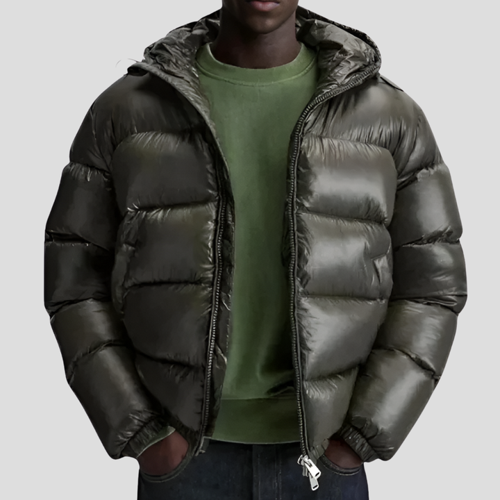 Warm men's quilted winter coat, insulated to keep you cozy. Essential cold weather outerwear for men.