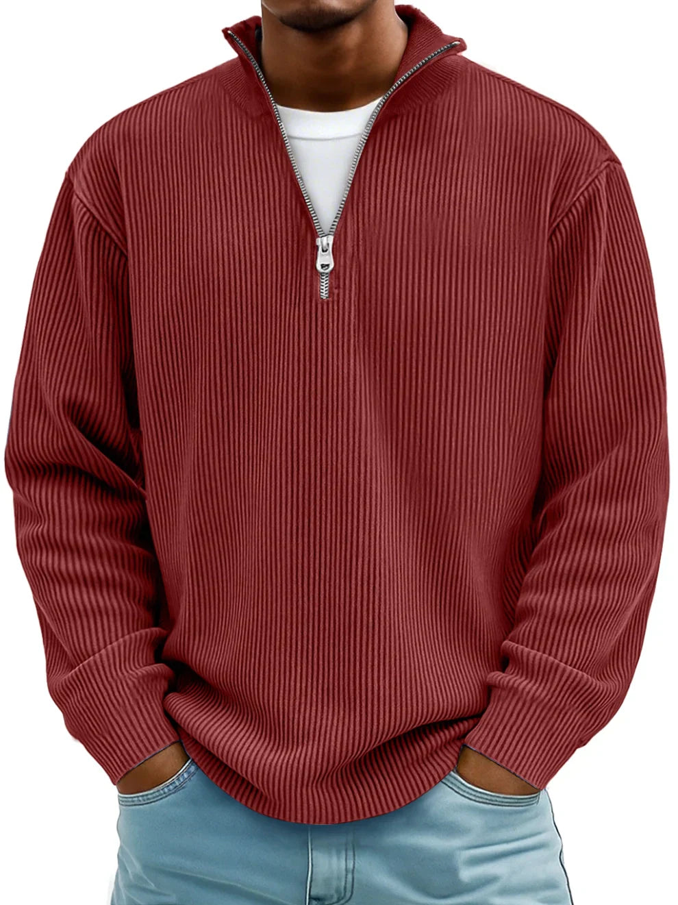 Men's stylish ribbed half-zip sweater in dark grey, perfect for casual layering.