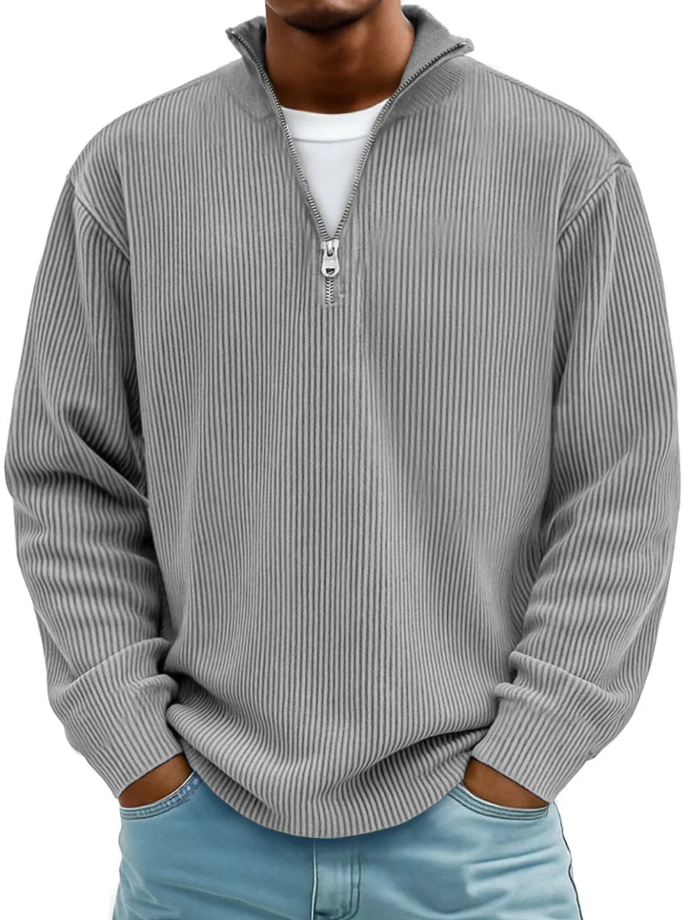 Sophisticated men's ribbed half-zip sweater, combining comfort with modern casual fashion.