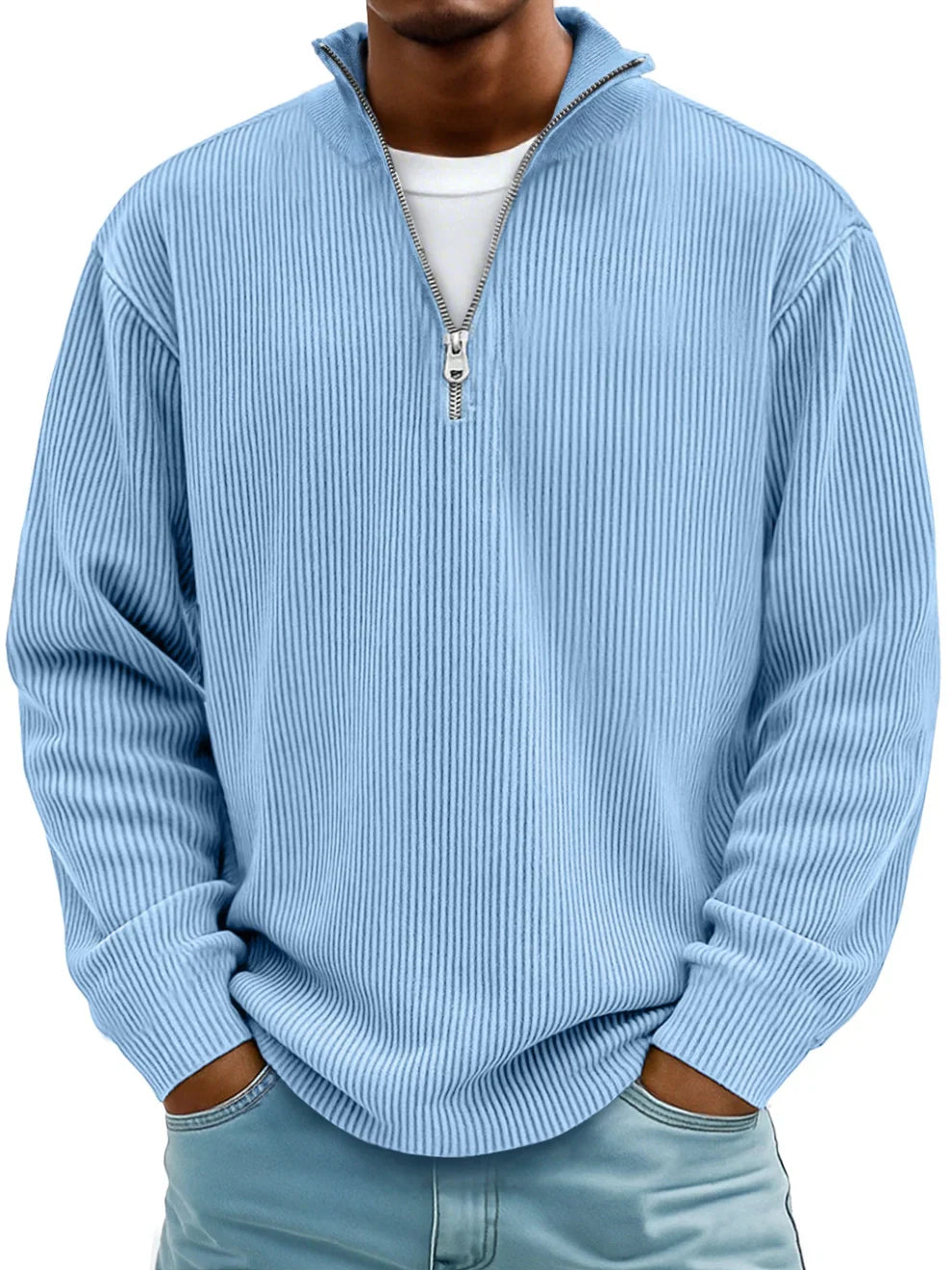 Comfortable men's long sleeve half-zip sweater with ribbed knit texture, ideal for fall fashion.