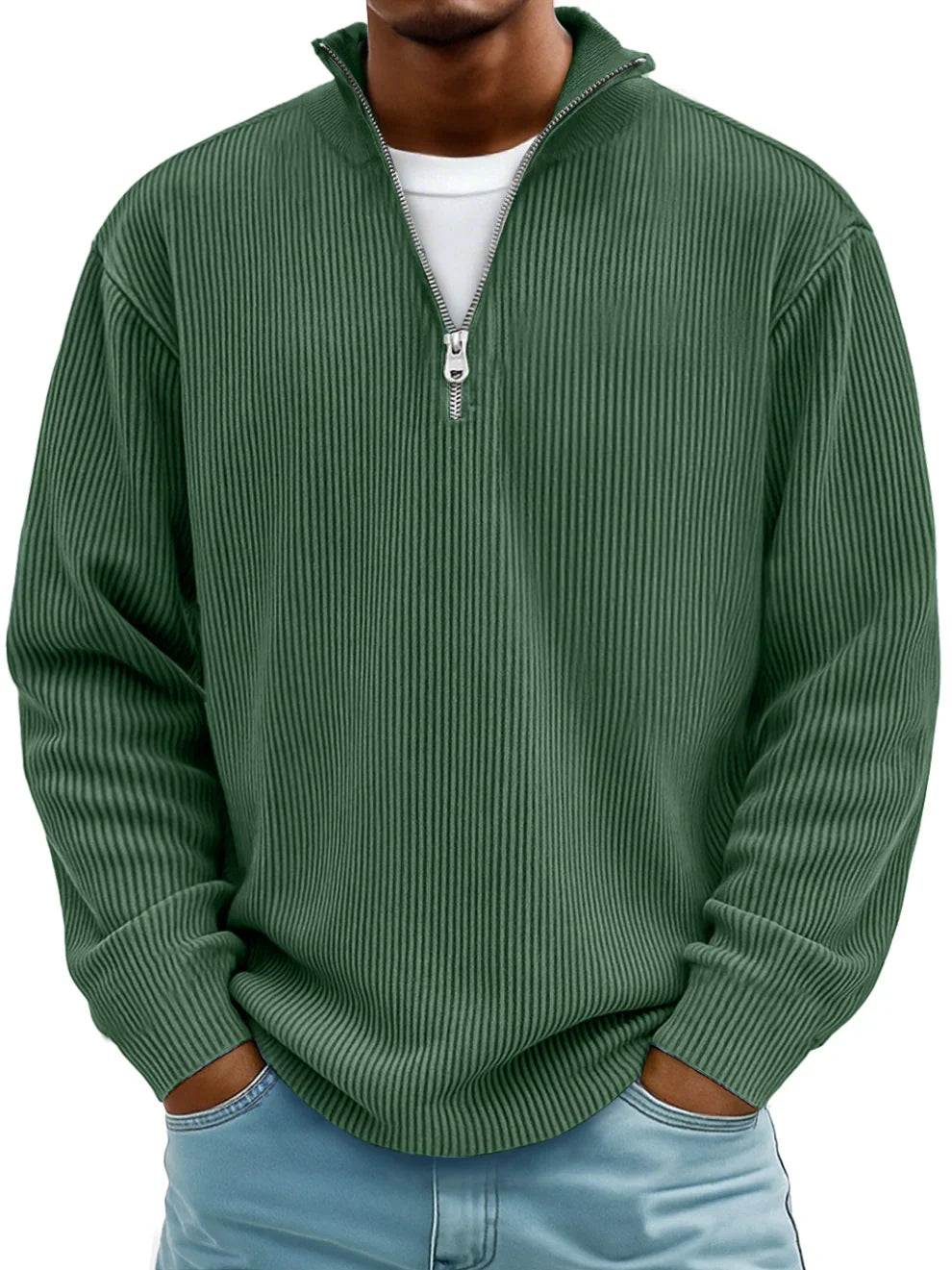 Close-up of a men's ribbed knit half-zip sweater, highlighting the soft texture and quality.