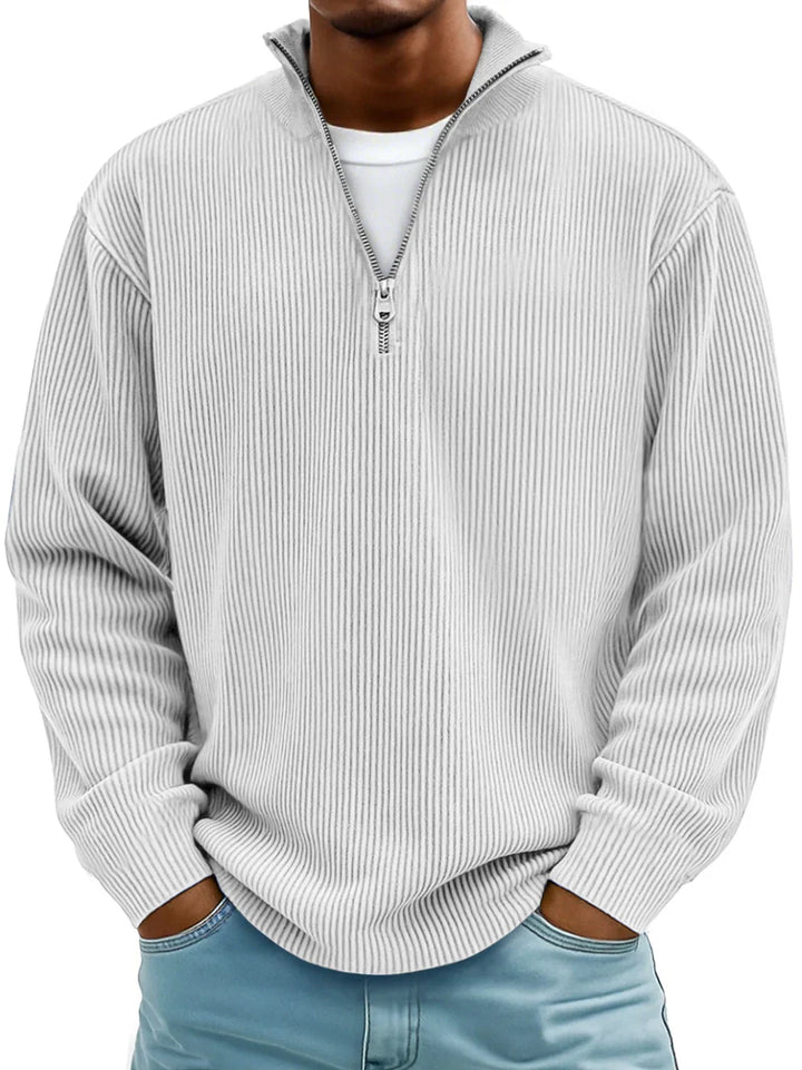 Men's casual ribbed half-zip sweater in a rich blue, offering warmth and style.