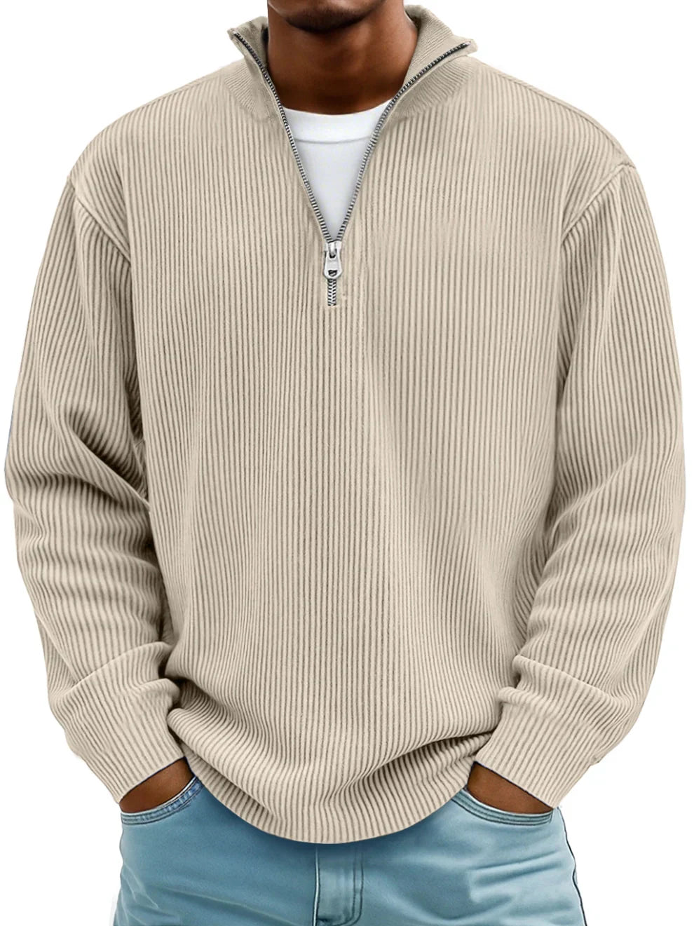 Stylish men's half-zip sweater with a ribbed texture, a comfortable addition to fall wardrobes.