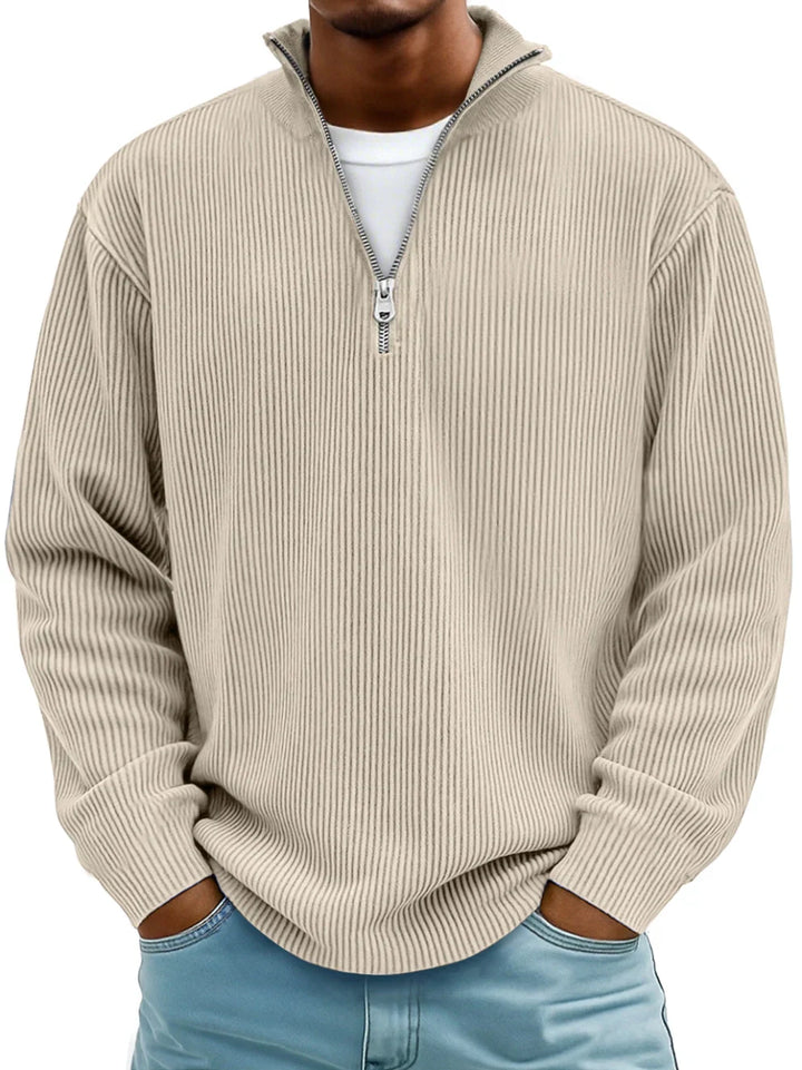 Stylish men's half-zip sweater with a ribbed texture, a comfortable addition to fall wardrobes.