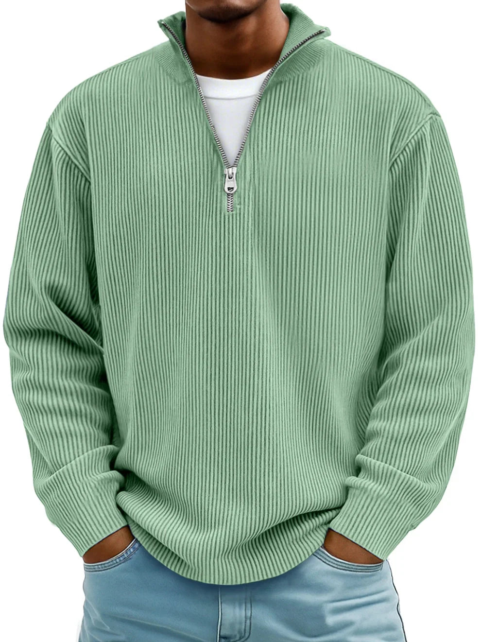 Front view of a men's versatile ribbed half-zip sweater, perfect for casual and layering outfits.