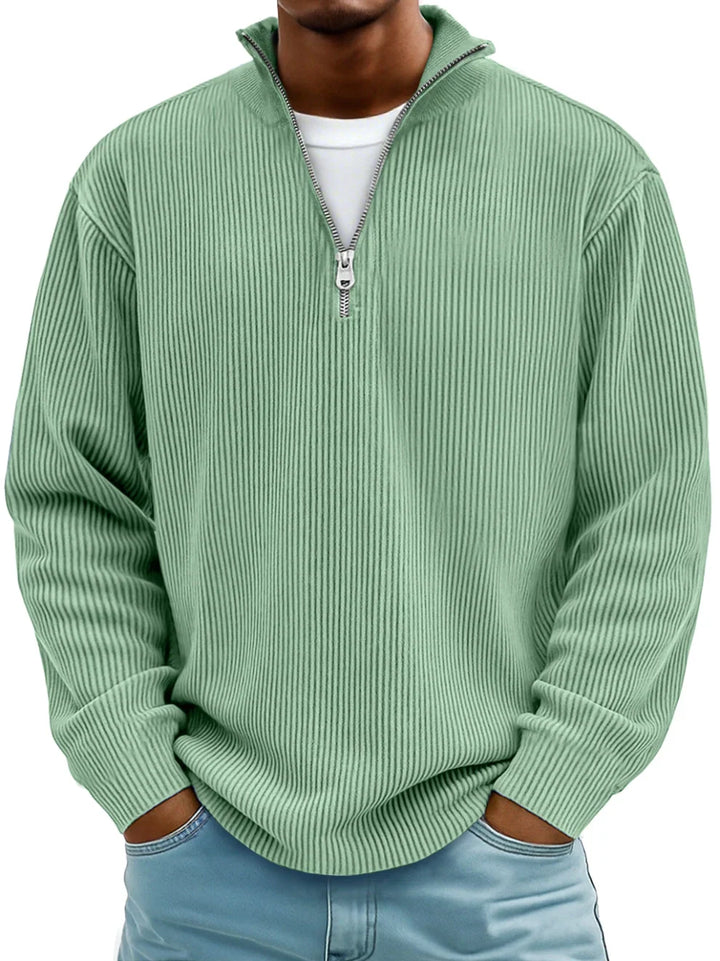 Front view of a men's versatile ribbed half-zip sweater, perfect for casual and layering outfits.