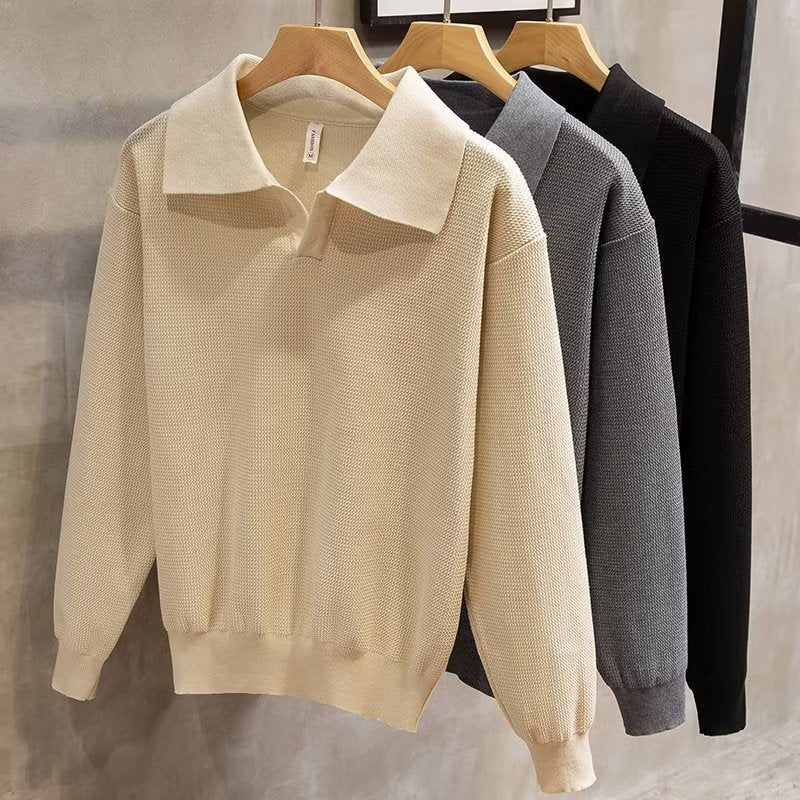 Men's stylish ribbed knit long sleeve polo sweater, versatile for fall & winter fashion.