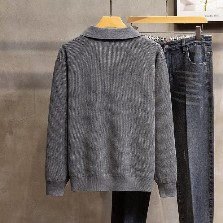 Men's versatile long sleeve ribbed polo sweater. A stylish and comfortable knitwear piece.