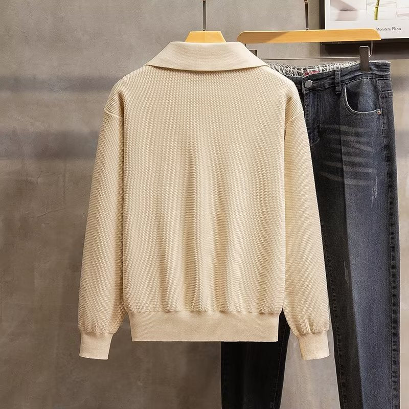 Stylish men's ribbed long sleeve polo sweater, a versatile choice for casual & smart looks.