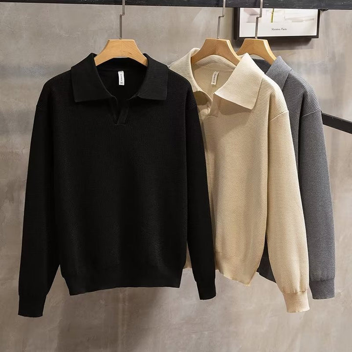 Men's stylish ribbed polo sweater, a modern knitwear top for autumn and winter seasons.
