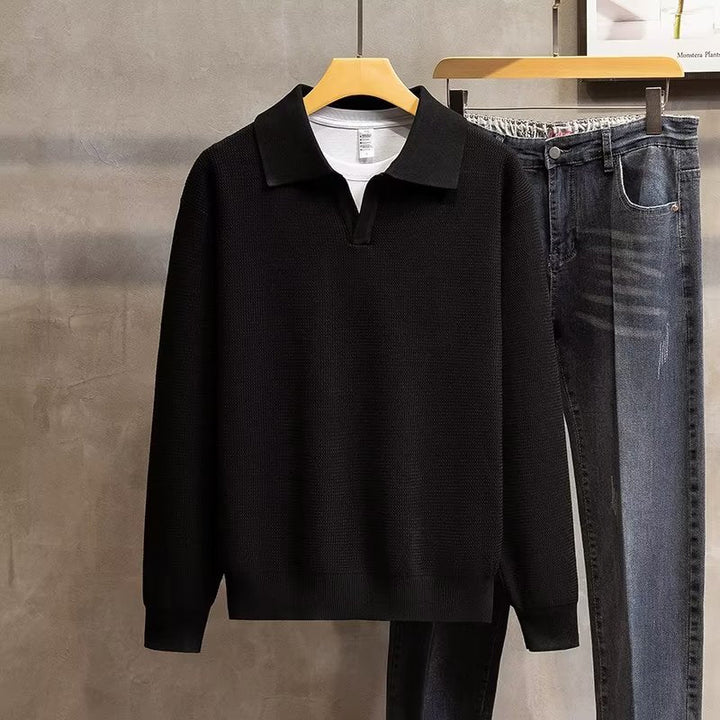 Classic men's long sleeve ribbed polo sweater, perfect for layering and sophisticated casual style.