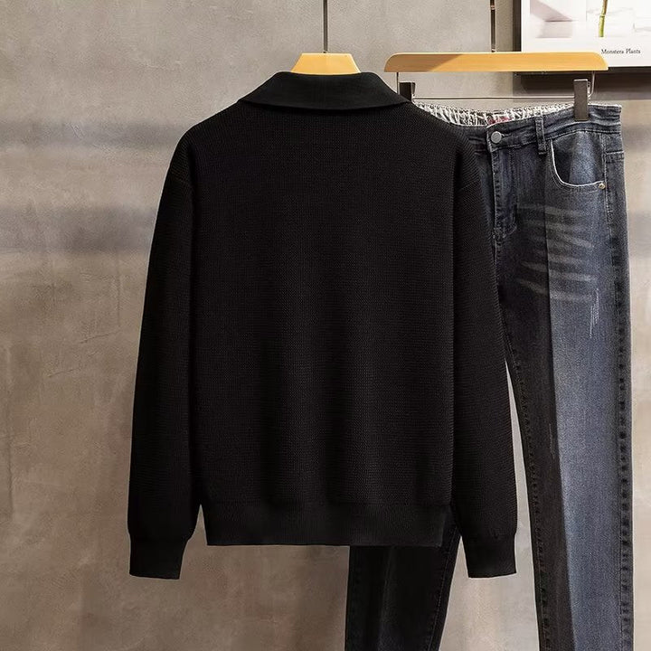 Men's comfortable ribbed knit polo sweater. Essential long sleeve top for versatile wardrobe.
