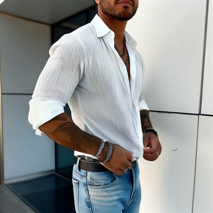 Back view of a comfortable men's ribbed long sleeve button front shirt for versatile wear.