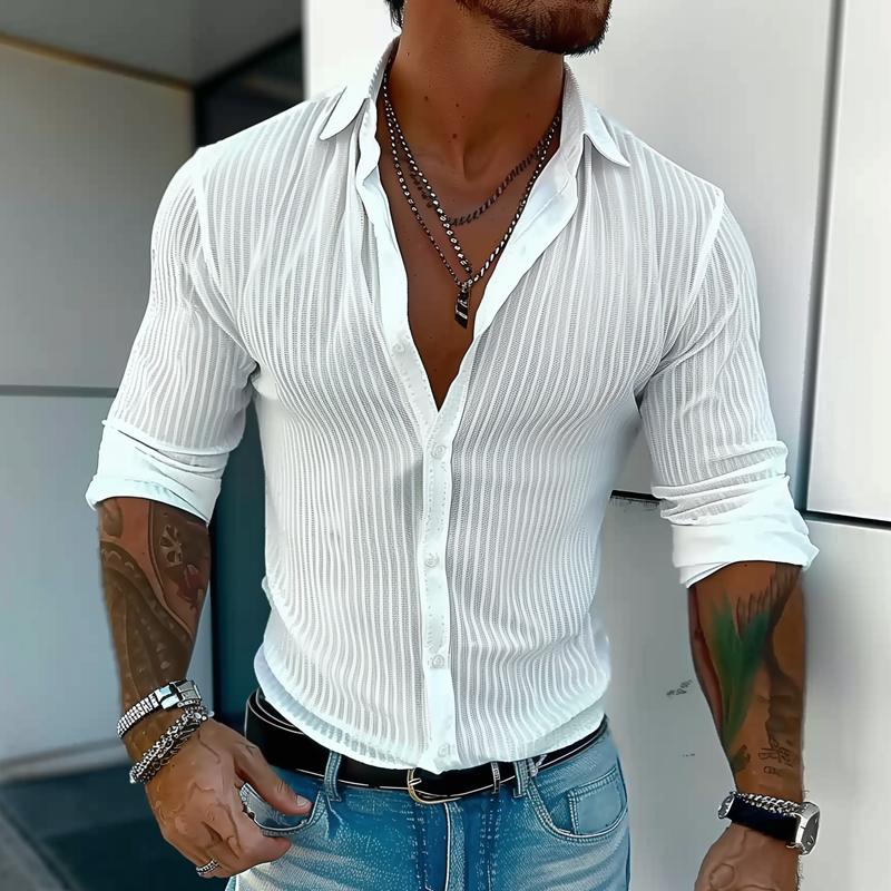 Comfortable men's ribbed long sleeve button front shirt, ideal for spring & summer fashion.