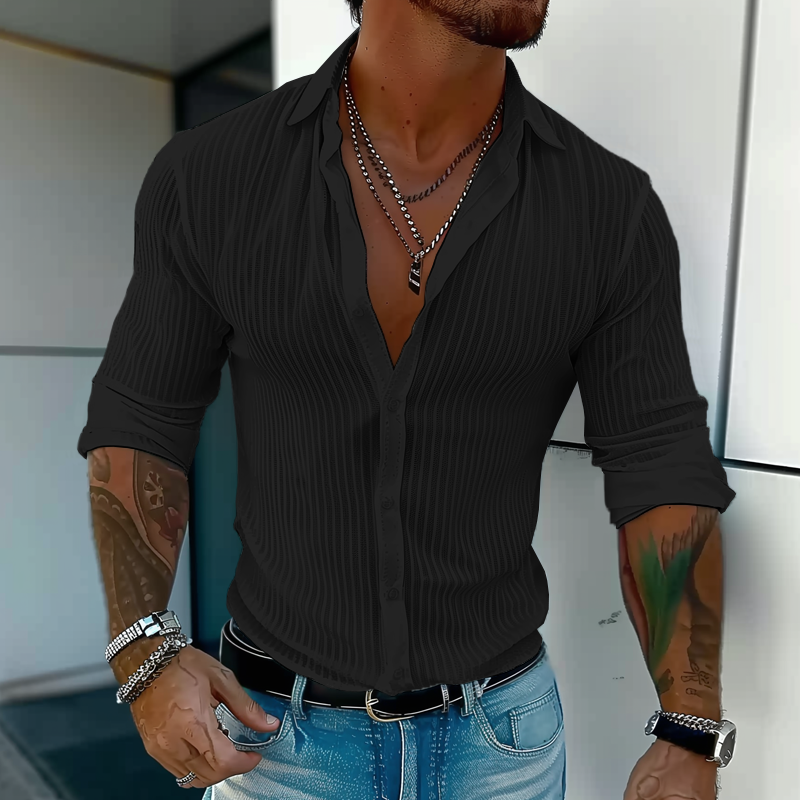 Versatile men's collared long sleeve ribbed shirt, perfect for smart casual or everyday wear.