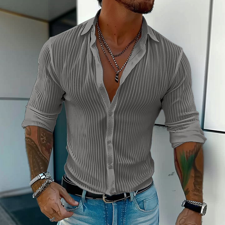 Navy men's stylish ribbed long sleeve button front shirt, a versatile smart casual top.
