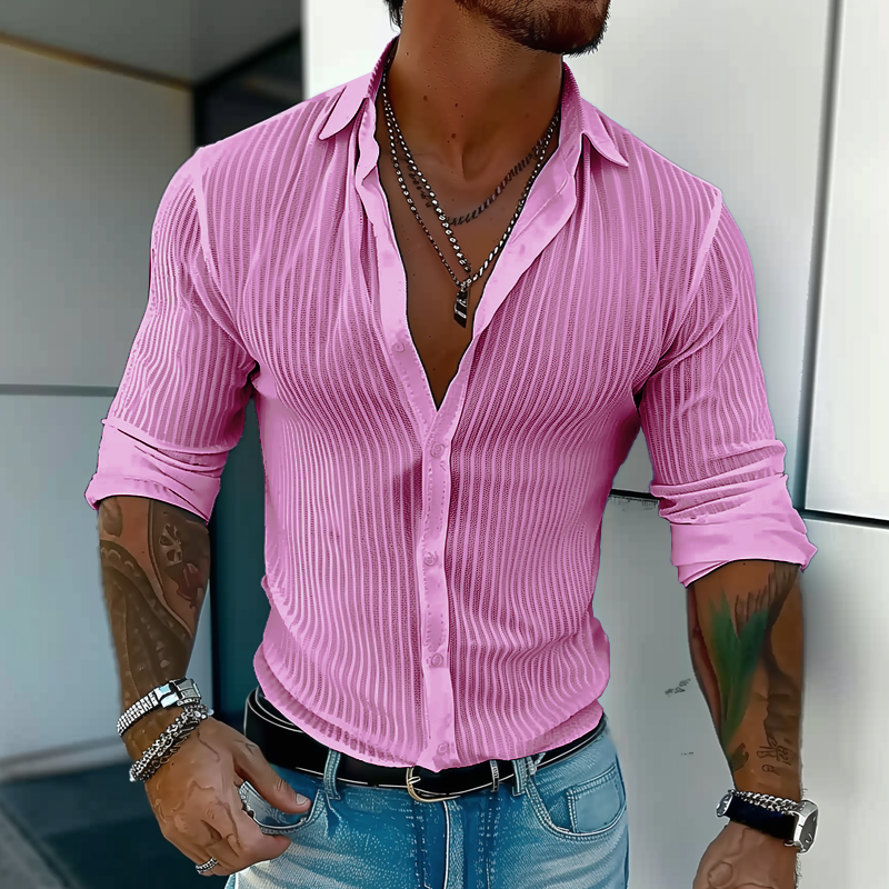 Classic men's button front long sleeve ribbed collared shirt for a smart casual look.