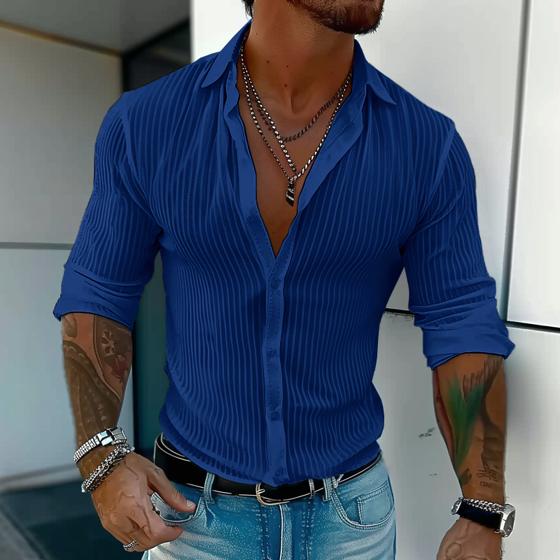Stylish men's long sleeve ribbed button front shirt, enhancing any smart casual outfit.