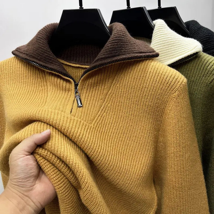 Men's stylish ribbed quarter-zip sweater in a versatile casual design. Comfortable long-sleeve pullover for everyday wear.
