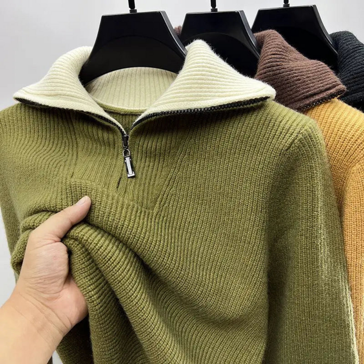 Comfortable men's ribbed quarter-zip pullover sweater, ideal for casual wear & versatile layering. Modern long sleeve.