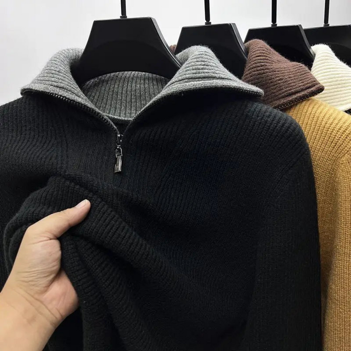 Stylish men's ribbed quarter-zip sweater. A modern long-sleeve pullover for versatile casual wear & men's fashion.