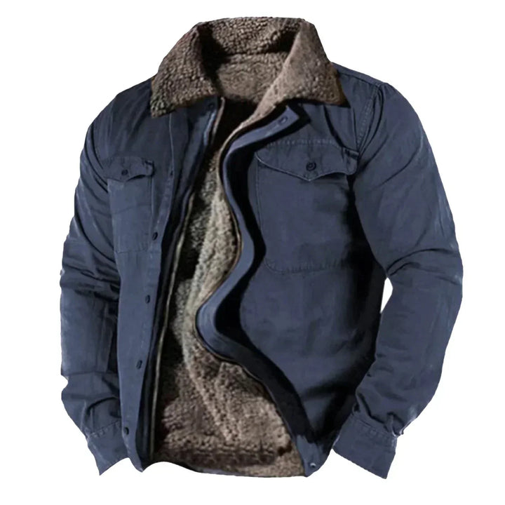 Warm men's sherpa collar shirt jacket with button-down closure, perfect as a cozy fall/winter casual coat.