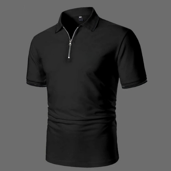 Men's stylish short sleeve zip polo shirt, a smart-casual top perfect for everyday wear and summer fashion.