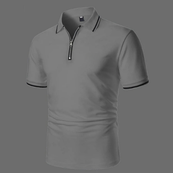 Close-up of a men's smart-casual short sleeve zip polo top. Stylish & breathable, perfect for summer fashion.