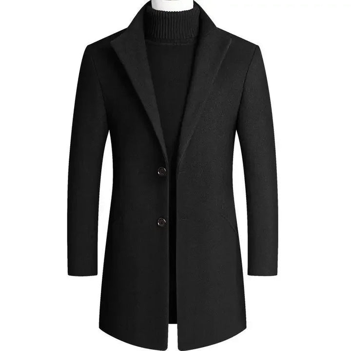 Elegant men's slim-fit fashion coat, ideal for all-season wear, showcasing a modern and stylish silhouette.