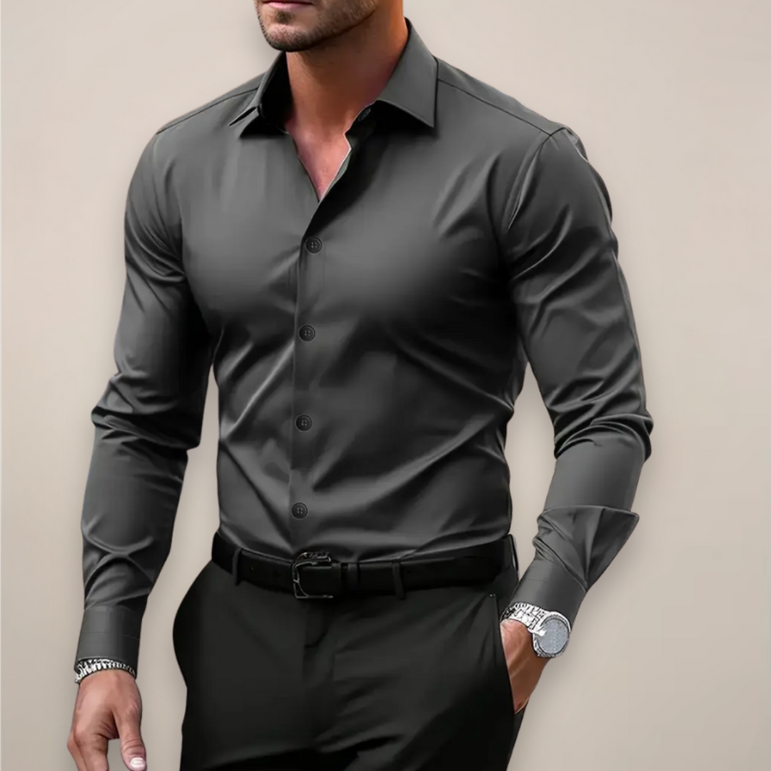 Men's stylish spring slim fit formal shirt, white cotton blend, long sleeve for business casual attire