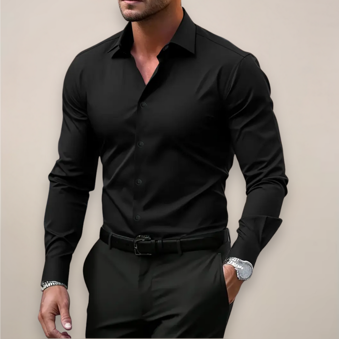 Blue slim fit men's casual shirt for spring, long sleeve and stylish, versatile for formal or casual looks