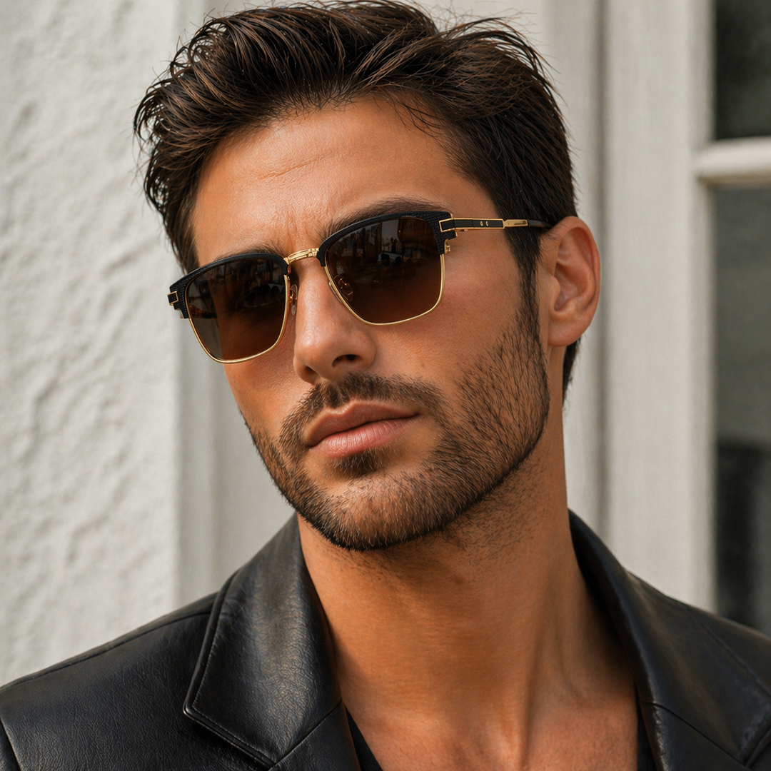 Men's stylish square frame sunglasses with sleek metal trim & dark lenses, perfect for modern eyewear & glare protection.