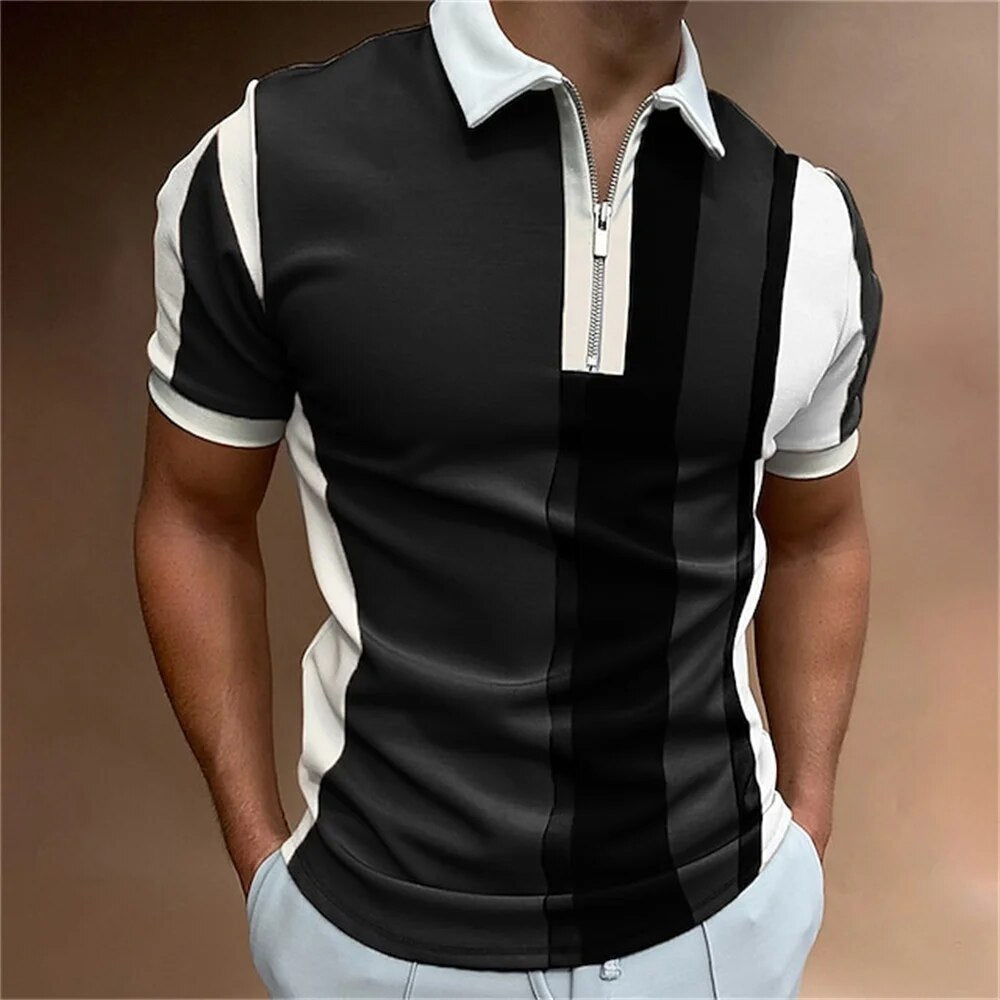 Men's stylish striped polo shirt, perfect for smart casual wear, tailored fit.