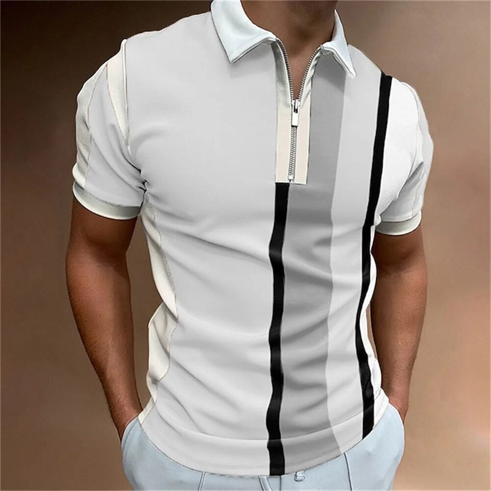 Short-sleeve men's striped polo with a tailored fit, ideal for everyday smart casual style.