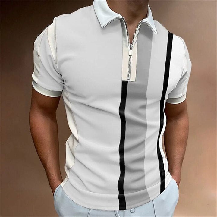 Short-sleeve men's striped polo with a tailored fit, ideal for everyday smart casual style.