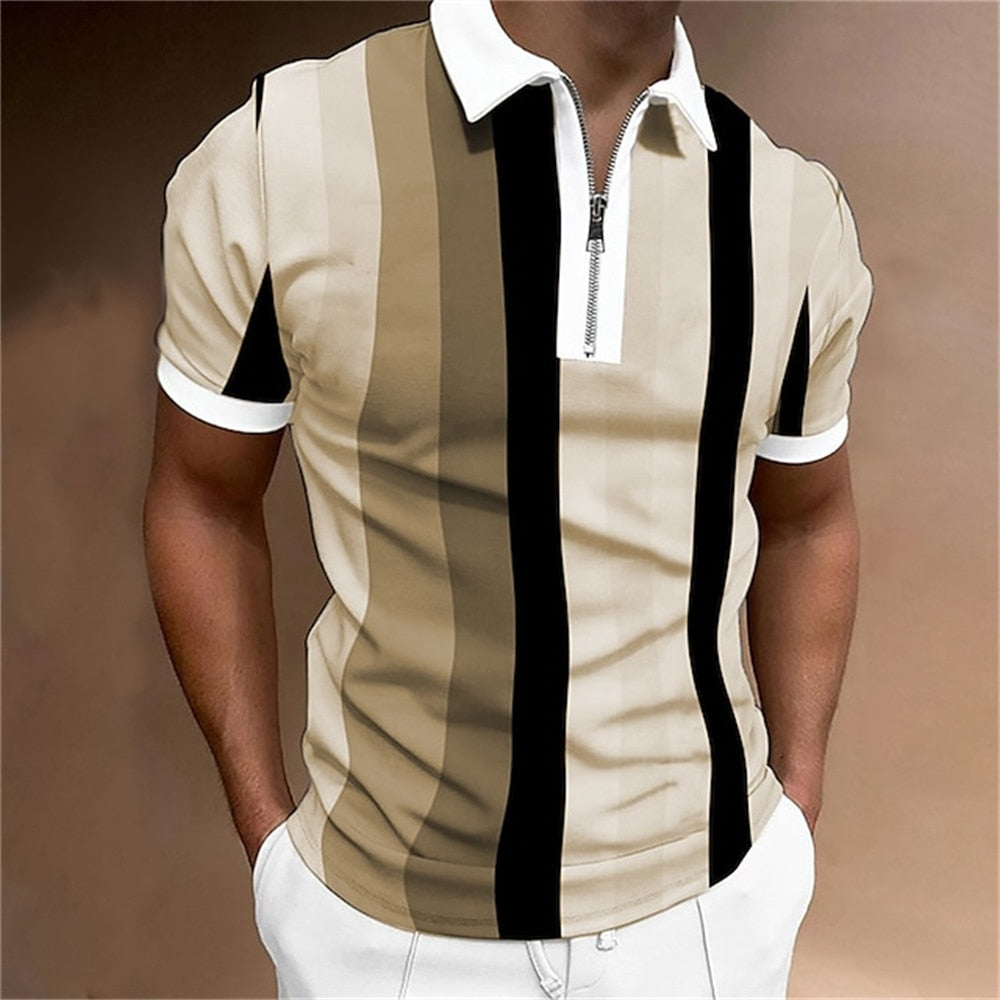 Tailored fit men's striped polo shirt, short sleeve, great for summer fashion & casual outings.