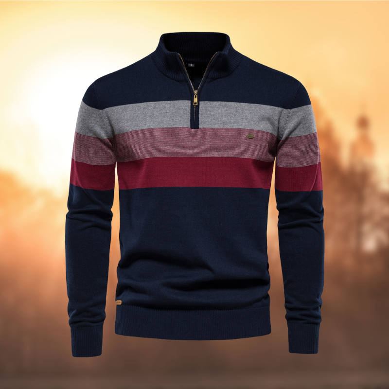 Men's stylish striped quarter-zip sweater with long sleeves, perfect for casual fall & winter layering.
