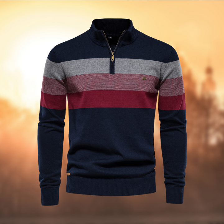 Men's stylish striped quarter-zip sweater with long sleeves, perfect for casual fall & winter layering.