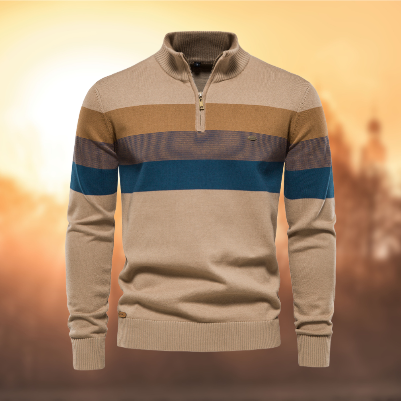 Casual men's quarter-zip sweater, featuring a stylish striped pattern & comfortable mock neck for cool weather.