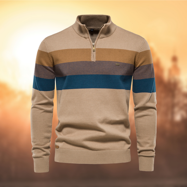 Casual men's quarter-zip sweater, featuring a stylish striped pattern & comfortable mock neck for cool weather.