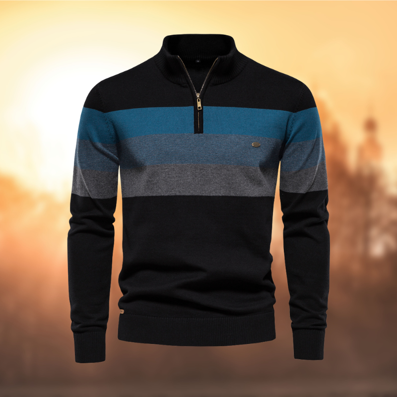 Striped long-sleeve men's sweater, a versatile quarter-zip ideal for stylish layering in fall & winter seasons.