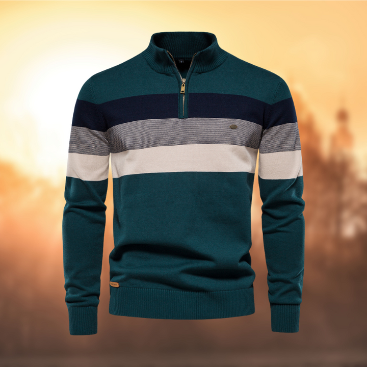 Modern men's striped quarter-zip sweater, soft long-sleeve knit, great for comfortable casual wear & layering.