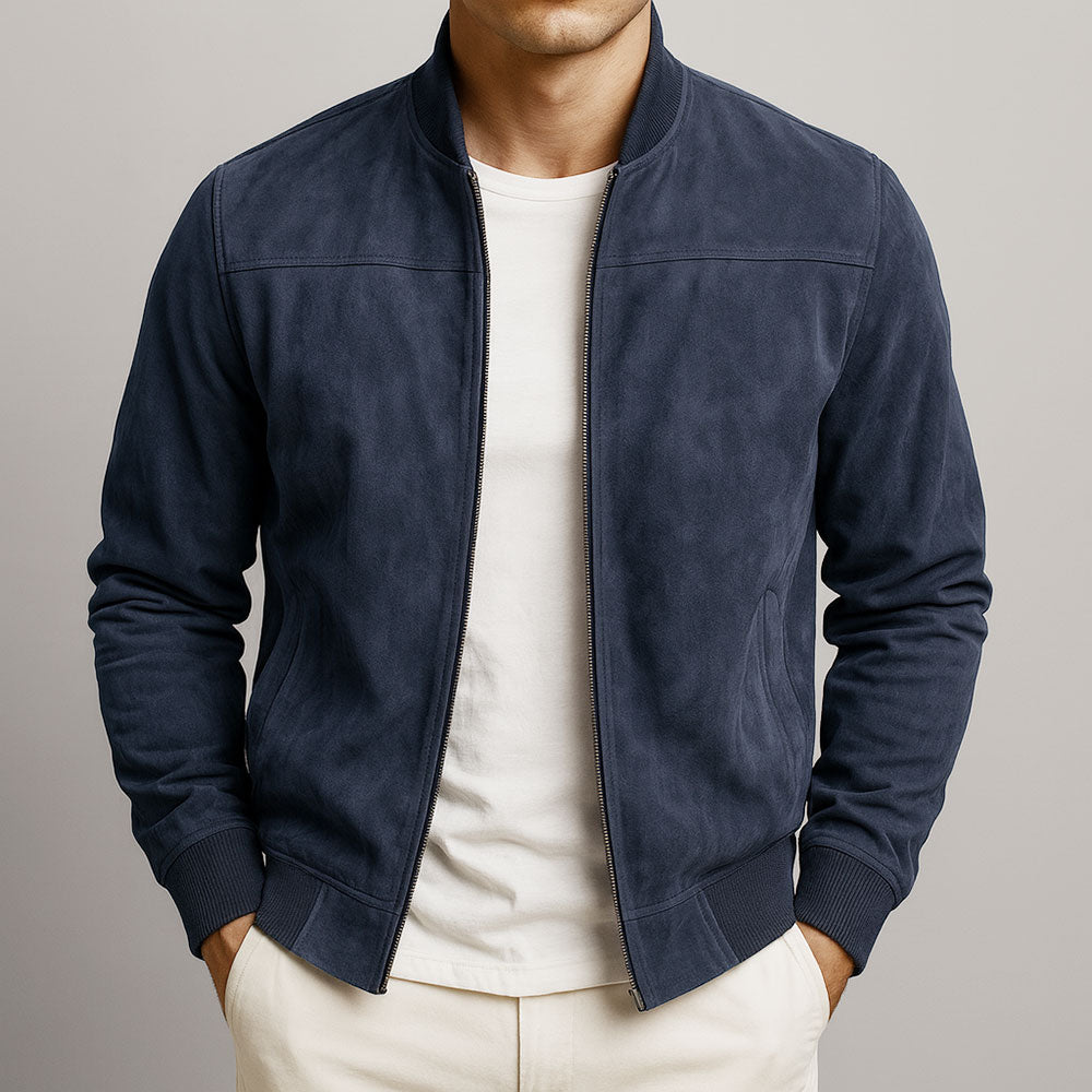 Stylish men's summer jacket with a comfortable modern fit. Suede-look lightweight outerwear, great for warm weather.