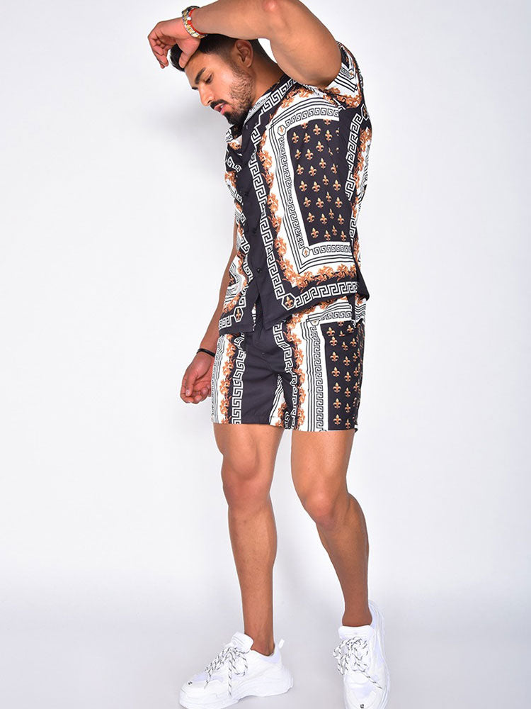 Men's stylish summer set: short sleeve button shirt and matching shorts, perfect for casual warm weather.