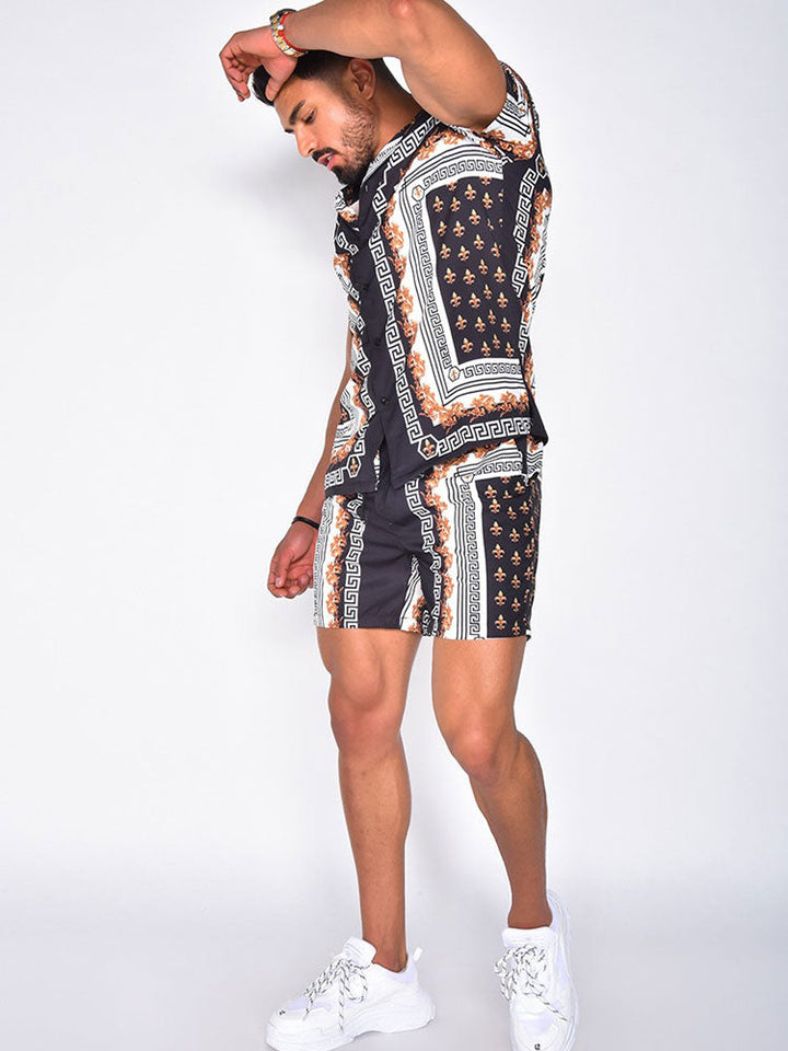 Men's stylish summer set: short sleeve button shirt and matching shorts, perfect for casual warm weather.